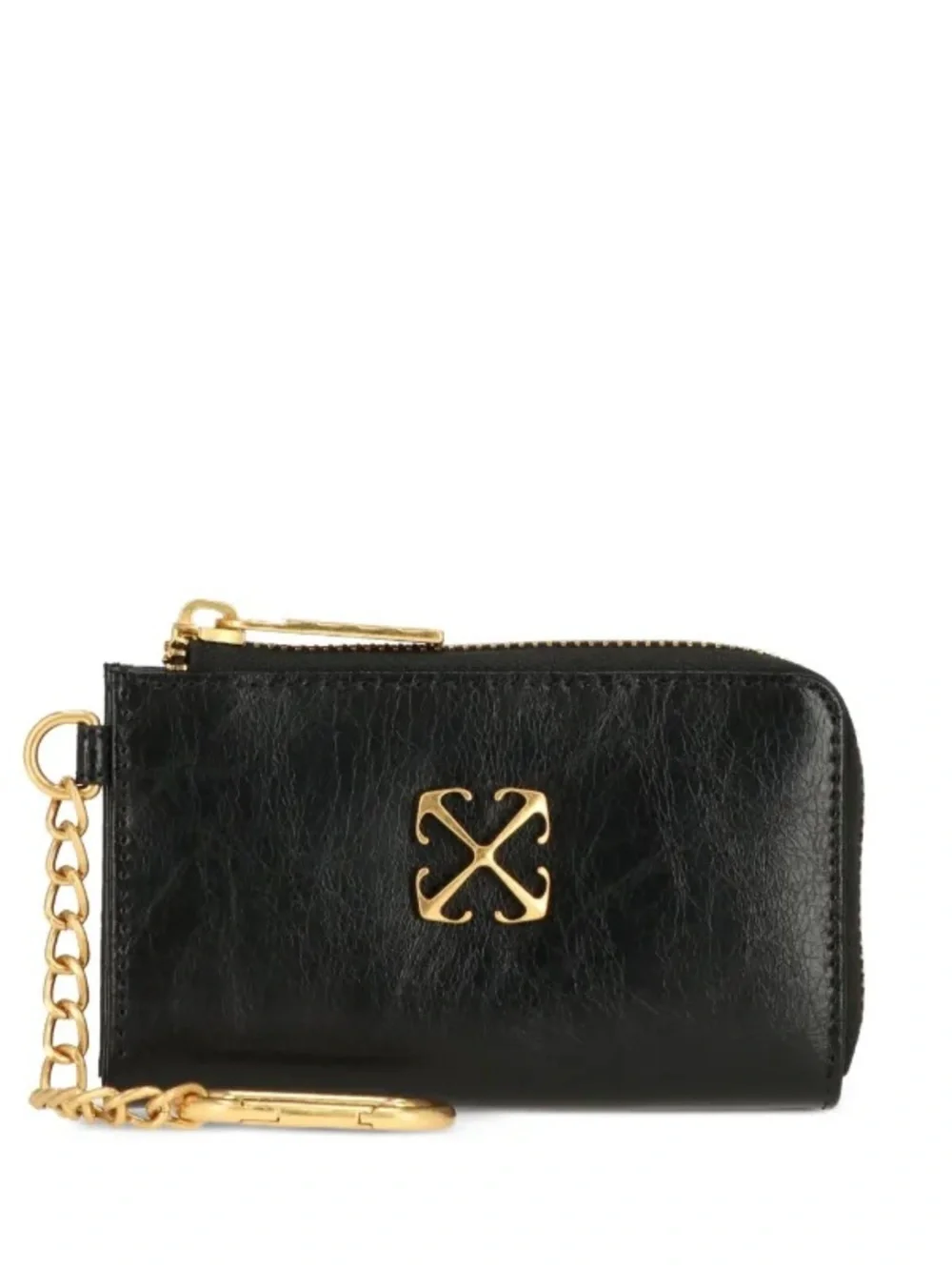 New Off-White Black Keychain Wallet, Leather Zip Card Pouch with Gold Zipper